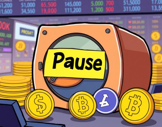 Cartoon depicting a paused transaction symbol over Venus XVS tokens, highlighting the Bithumb XVS suspension due to a security issue.