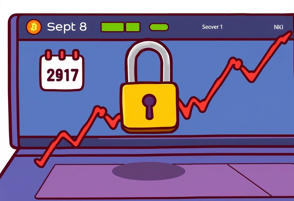 Cartoon showing a temporary halt symbol over a crypto exchange, signaling the Bithumb ZK suspension for network maintenance.