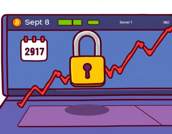 Cartoon showing a temporary halt symbol over a crypto exchange, signaling the Bithumb ZK suspension for network maintenance.