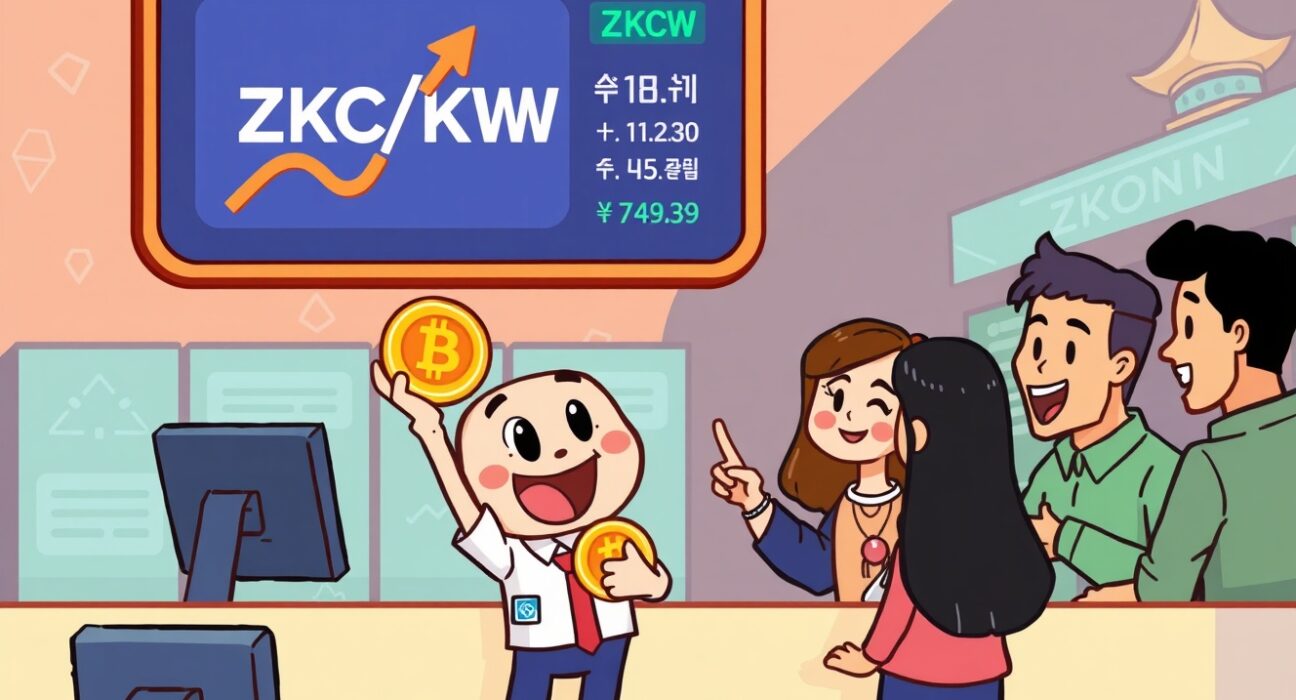A cartoon illustration showing the exciting Bithumb ZKC listing, with traders celebrating the new ZKC/KRW pair on Bithumb.