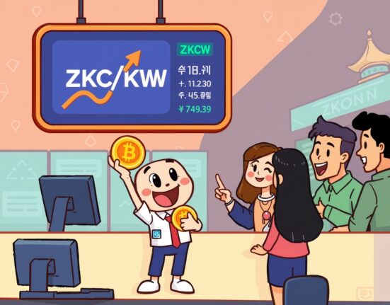 A cartoon illustration showing the exciting Bithumb ZKC listing, with traders celebrating the new ZKC/KRW pair on Bithumb.
