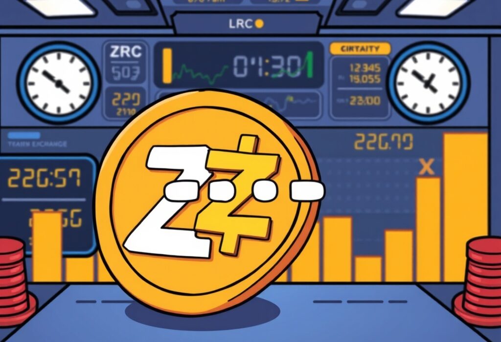 A cartoon illustration showing a digital pause symbol over a ZRC token icon on a crypto exchange interface, symbolizing the Bithumb ZRC suspension for an upgrade.