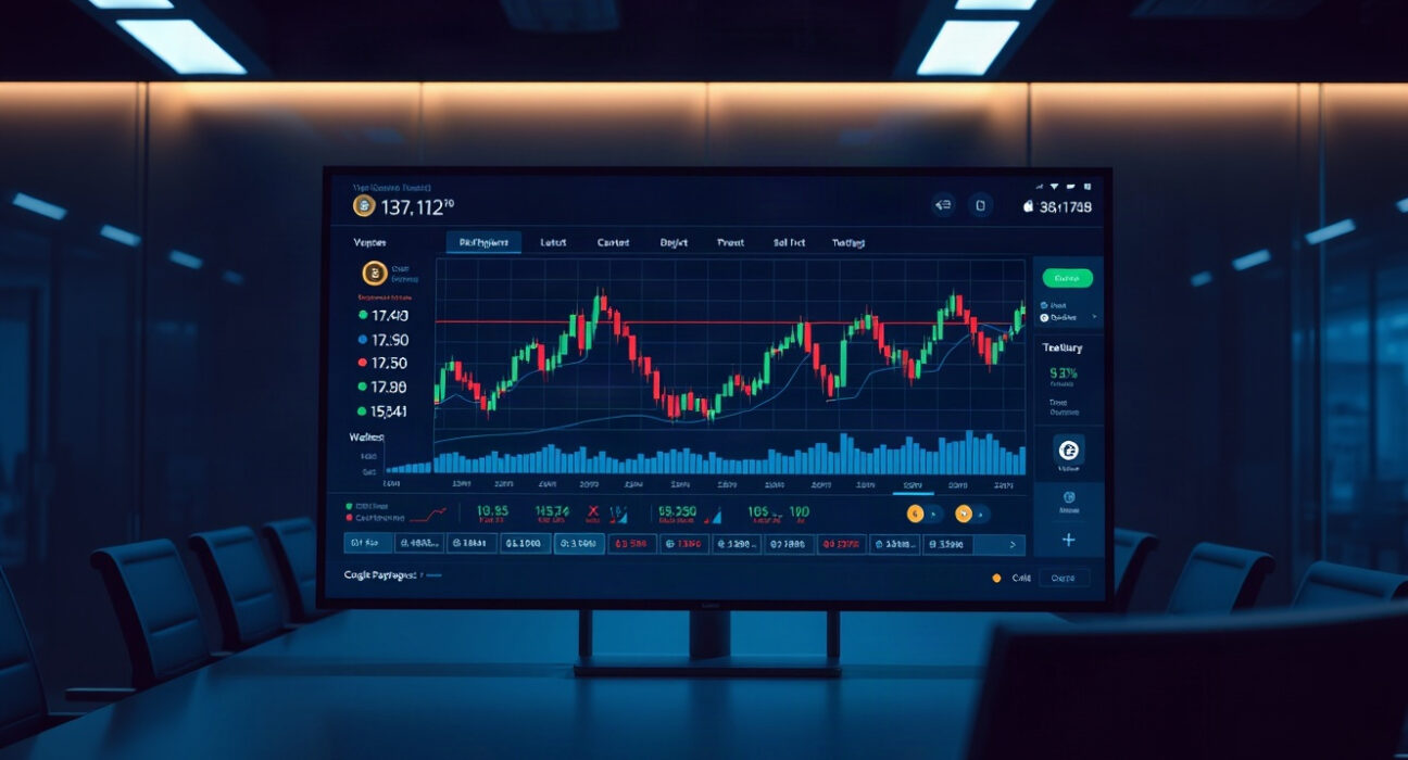 Cryptocurrency trading dashboard with charts and digital coin icons in a dark office setting.