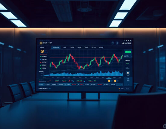 Cryptocurrency trading dashboard with charts and digital coin icons in a dark office setting.