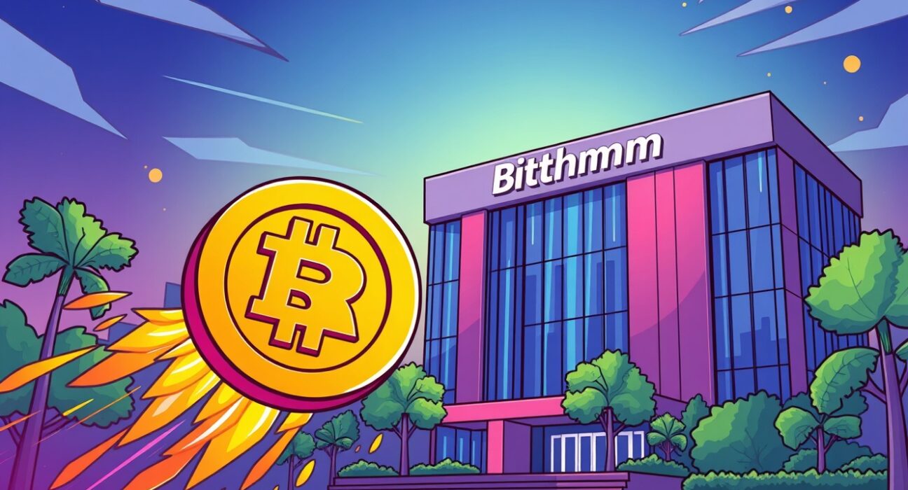 A cartoon BTR coin flying towards a Bithumb exchange building, symbolizing the new Bitlayer BTR listing.
