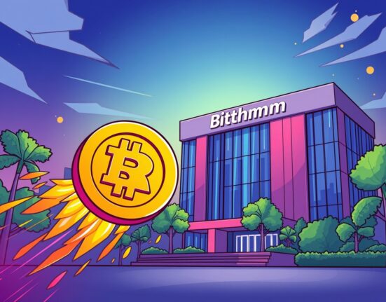 A cartoon BTR coin flying towards a Bithumb exchange building, symbolizing the new Bitlayer BTR listing.
