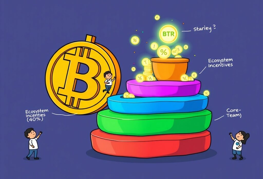 Cartoon illustrating the strategic allocation of Bitlayer BTR tokenomics for ecosystem growth and project development.