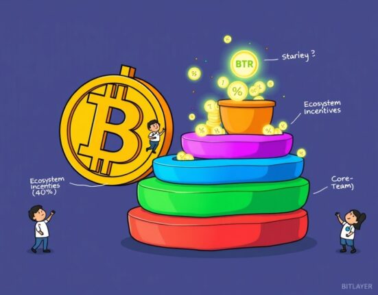 Cartoon illustrating the strategic allocation of Bitlayer BTR tokenomics for ecosystem growth and project development.