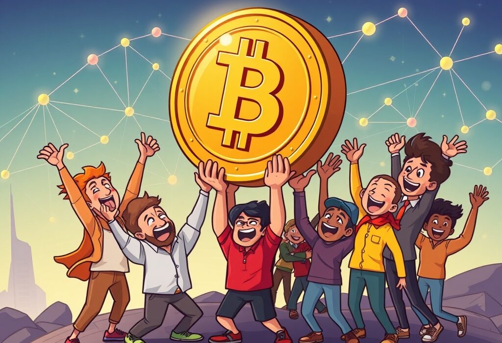 A vibrant cartoon illustrating successful Bitlayer fundraising, showing a community uplifting a digital coin for Bitcoin layer-2 growth.