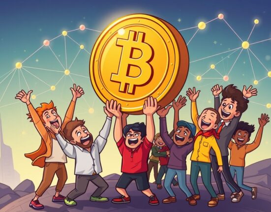 A vibrant cartoon illustrating successful Bitlayer fundraising, showing a community uplifting a digital coin for Bitcoin layer-2 growth.