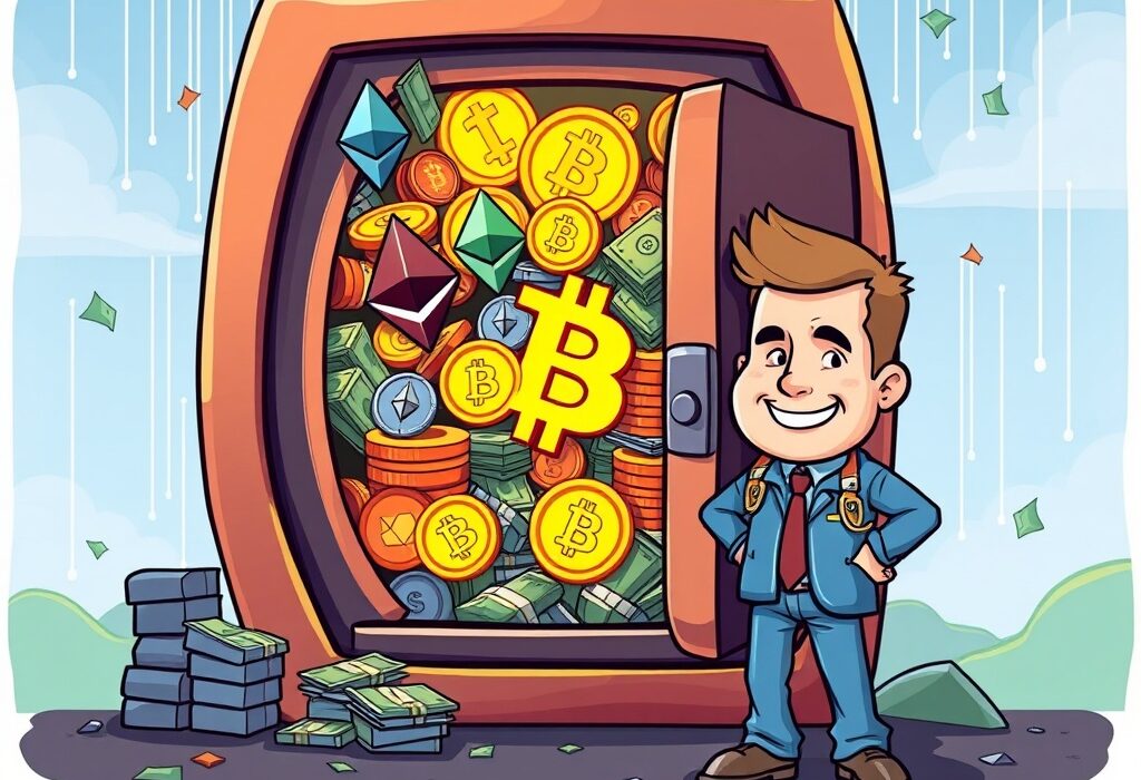 A cartoon illustration of a digital vault filled with Ethereum, Bitcoin, and cash, symbolizing Bitmain's impressive $9 billion Bitmain crypto holdings.