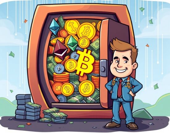 A cartoon illustration of a digital vault filled with Ethereum, Bitcoin, and cash, symbolizing Bitmain's impressive $9 billion Bitmain crypto holdings.