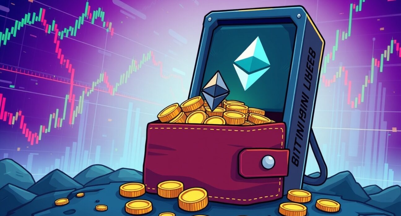 A cartoon illustration of Bitmain strategically accumulating a massive amount of Bitmain ETH, signaling market impact.