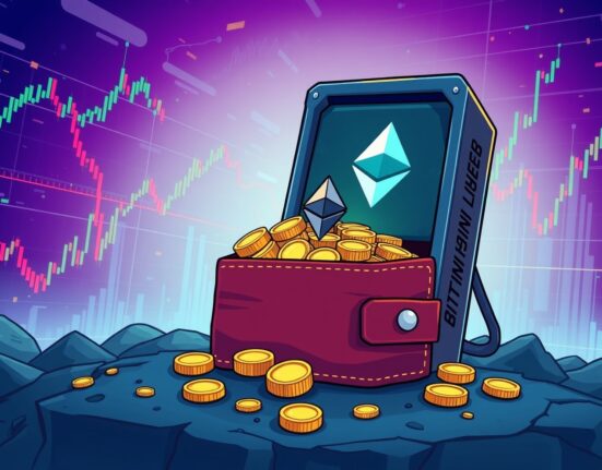 A cartoon illustration of Bitmain strategically accumulating a massive amount of Bitmain ETH, signaling market impact.