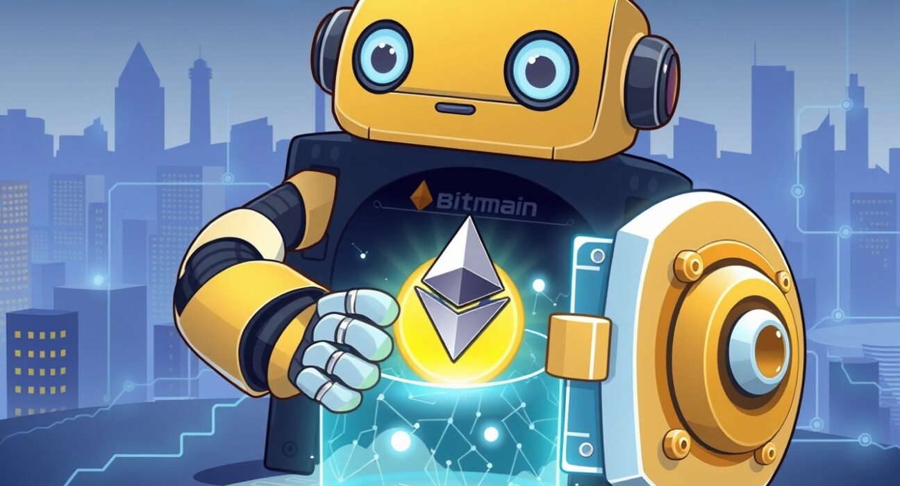 A cartoon illustration depicting Bitmain's strategic ETH investment, with a robot placing Ethereum coins into a digital vault.