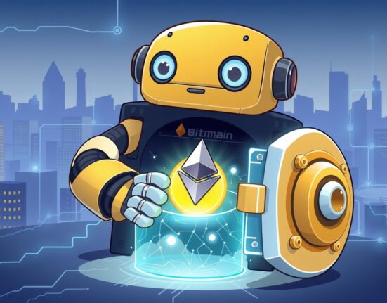 A cartoon illustration depicting Bitmain's strategic ETH investment, with a robot placing Ethereum coins into a digital vault.