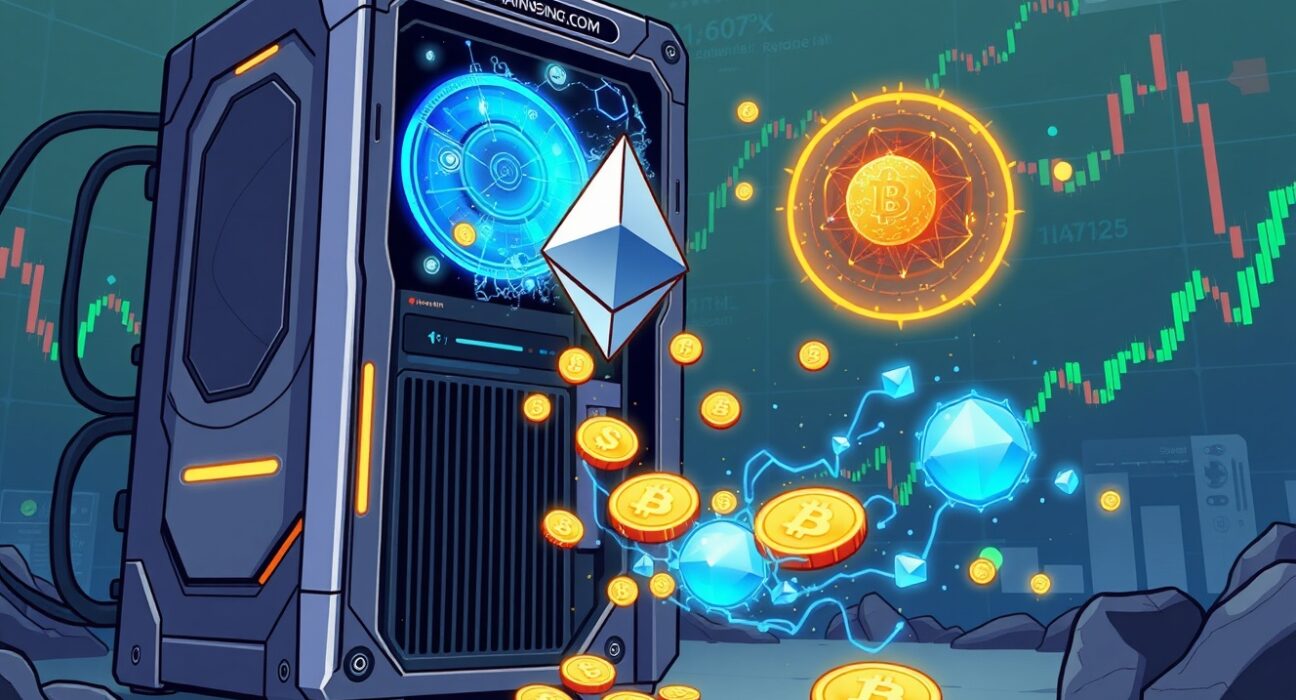 A cartoon illustration showing a large Bitmain ETH investment being transferred from Galaxy Digital, highlighting significant institutional crypto activity.