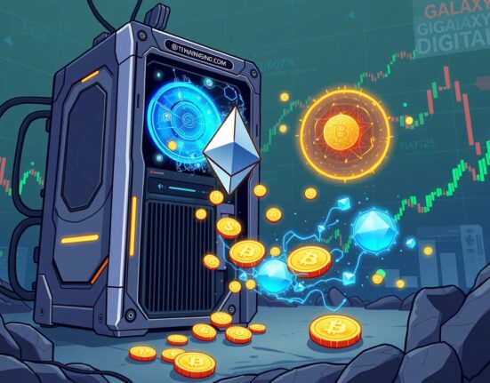 A cartoon illustration showing a large Bitmain ETH investment being transferred from Galaxy Digital, highlighting significant institutional crypto activity.