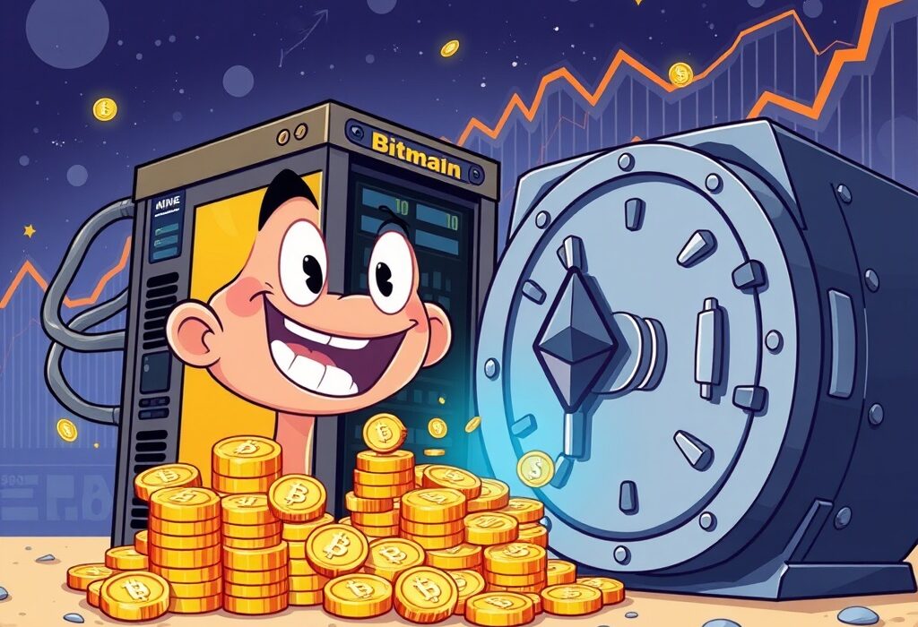 A cartoon illustrating Bitmain's significant ETH purchase, showing Ethereum flowing into a large digital vault, symbolizing strategic crypto investment.