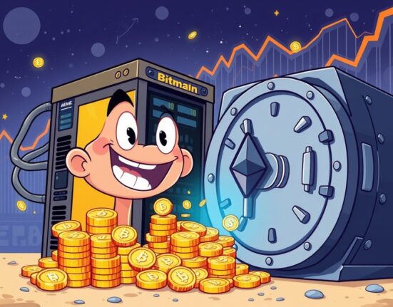 A cartoon illustrating Bitmain's significant ETH purchase, showing Ethereum flowing into a large digital vault, symbolizing strategic crypto investment.
