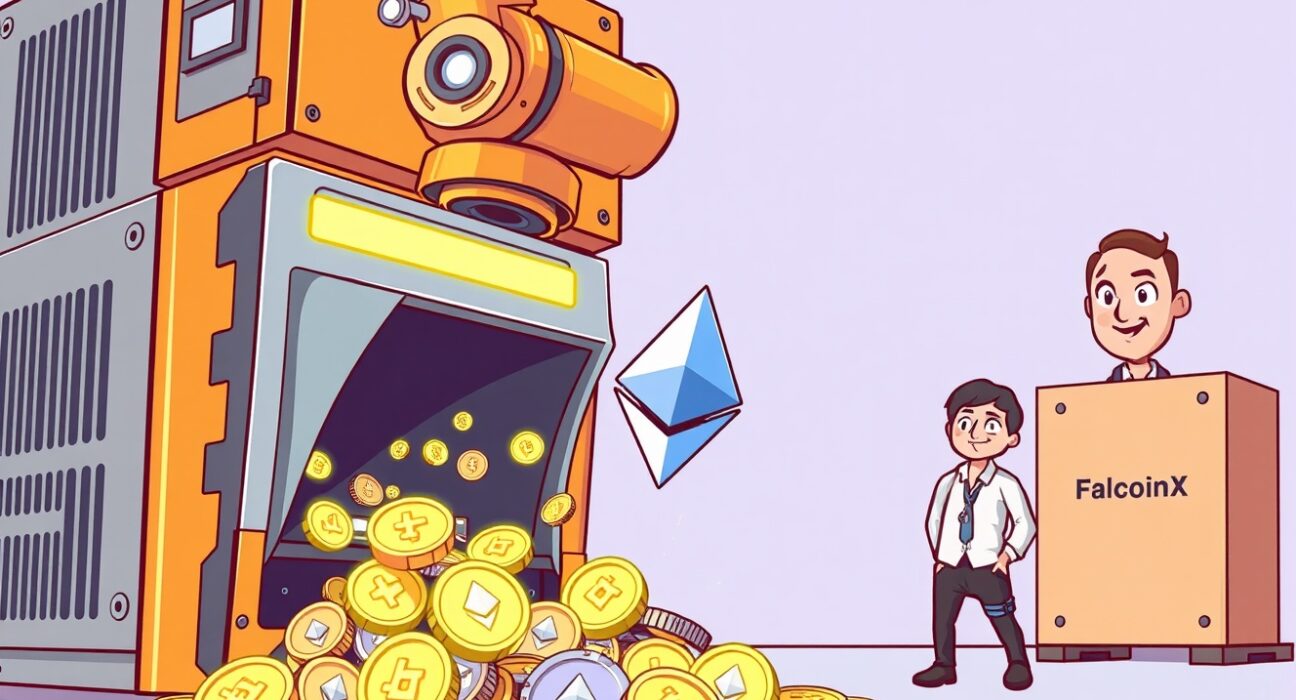 A cartoon illustration showing a large mining rig making a significant Bitmain ETH purchase, symbolizing a major crypto market transaction.