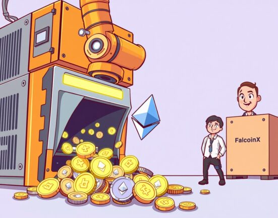 A cartoon illustration showing a large mining rig making a significant Bitmain ETH purchase, symbolizing a major crypto market transaction.