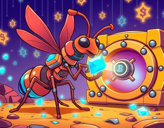 Bitmain ETH purchase depicted as cartoon ant moving Ethereum gems to digital vault