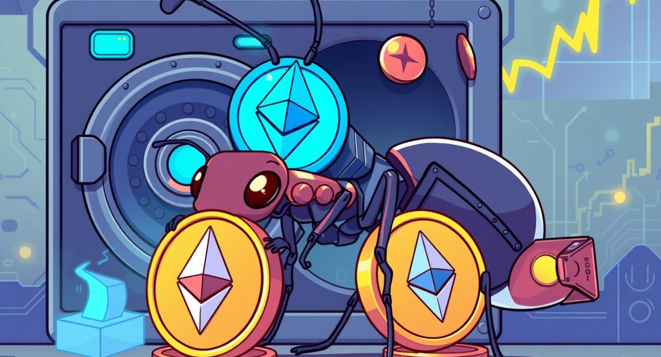 Cartoon illustration of Bitmain's massive Ethereum withdrawal from cryptocurrency exchange