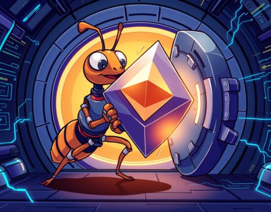 Cartoon illustration of a major Bitmain ETH withdrawal from a crypto exchange, symbolizing a large institutional transaction.