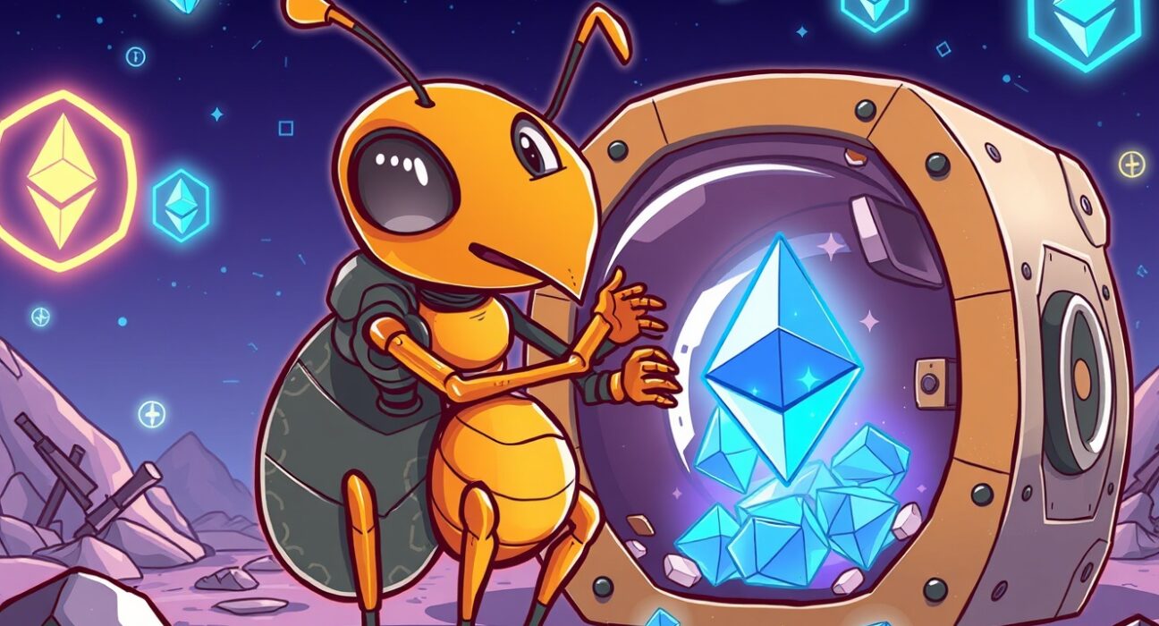 Strategic cartoon of Bitmain accumulating a vast vault of Ethereum holdings, symbolizing major institutional investment.