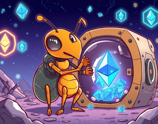 Strategic cartoon of Bitmain accumulating a vast vault of Ethereum holdings, symbolizing major institutional investment.