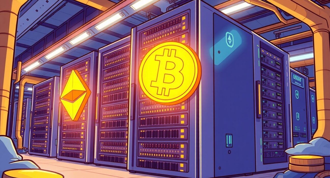 Cartoon illustration symbolizing a company's vast Ethereum holdings and Bitcoin assets, reflecting significant corporate crypto investment.