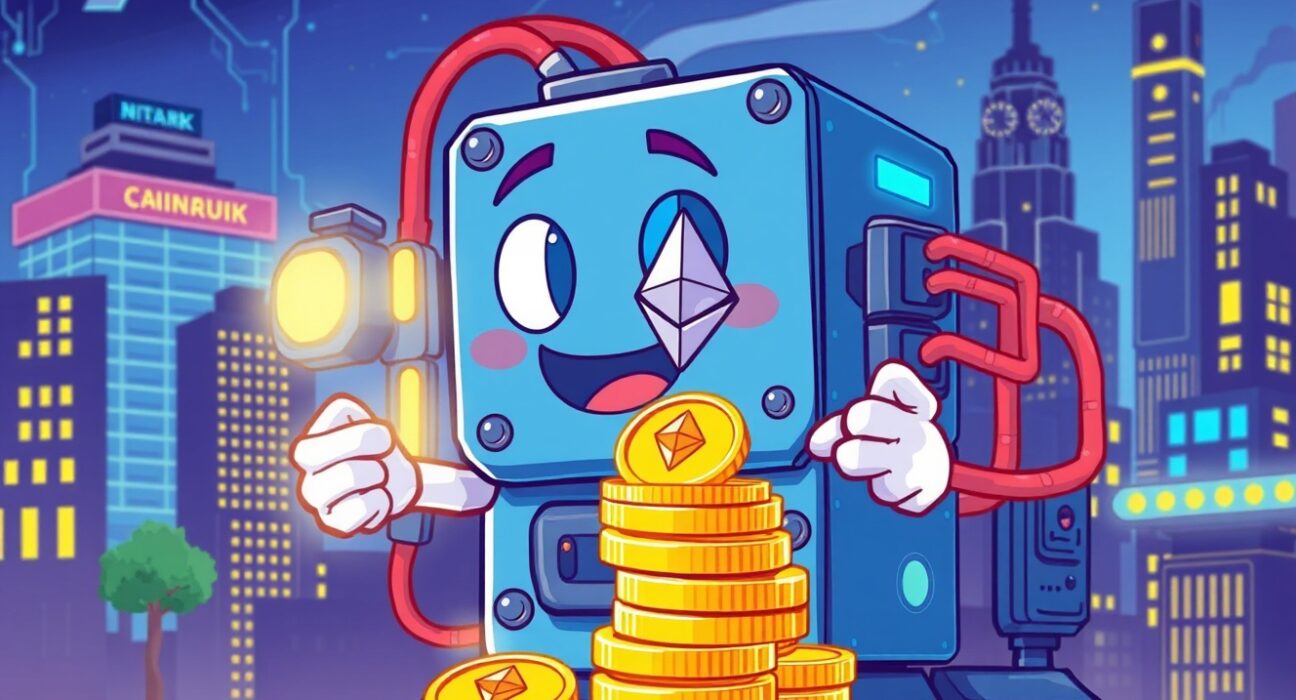 Cartoon illustration of Bitmain's massive Ethereum purchase as a mining machine stacking ETH coins.