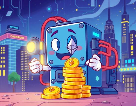 Cartoon illustration of Bitmain's massive Ethereum purchase as a mining machine stacking ETH coins.