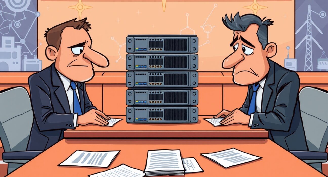 A cartoon illustration showing a legal dispute over Bitcoin mining rigs, highlighting the Bitmain lawsuit.