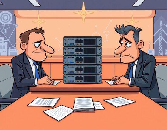 A cartoon illustration showing a legal dispute over Bitcoin mining rigs, highlighting the Bitmain lawsuit.