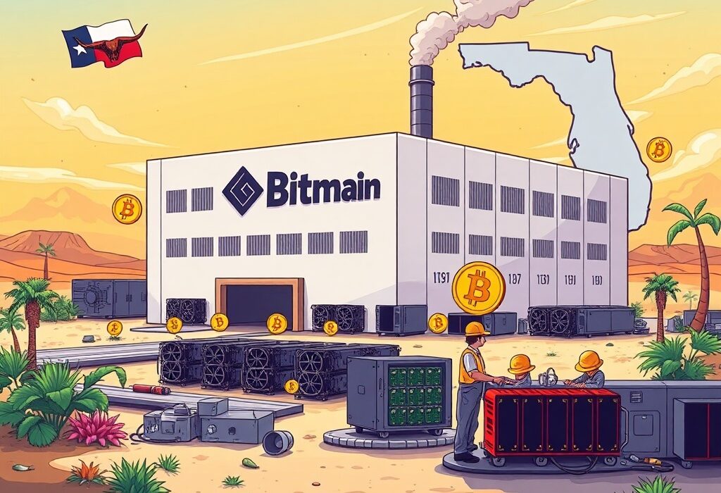A vibrant cartoon factory representing Bitmain's new Bitmain U.S. facility, blending Texas and Florida landscapes, symbolizing domestic crypto hardware production.