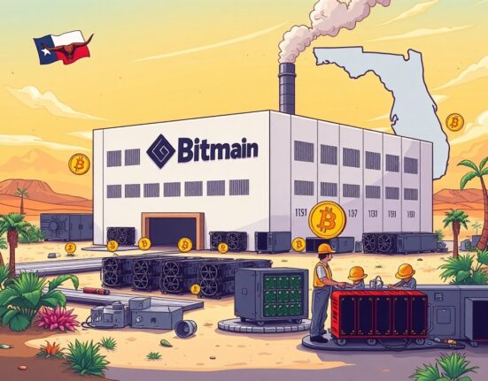 A vibrant cartoon factory representing Bitmain's new Bitmain U.S. facility, blending Texas and Florida landscapes, symbolizing domestic crypto hardware production.