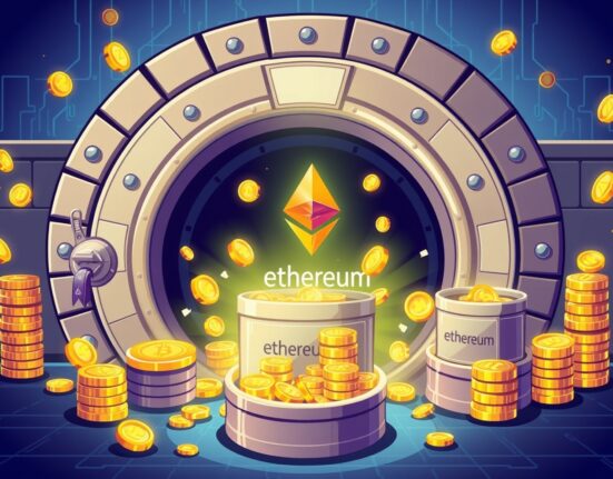 A vibrant cartoon illustration of a major Bitmain wallet transaction moving a massive amount of Ethereum.