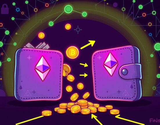 Cartoon illustration of Bitmain wallets withdrawing a massive stream of Ethereum coins in a vibrant digital landscape.