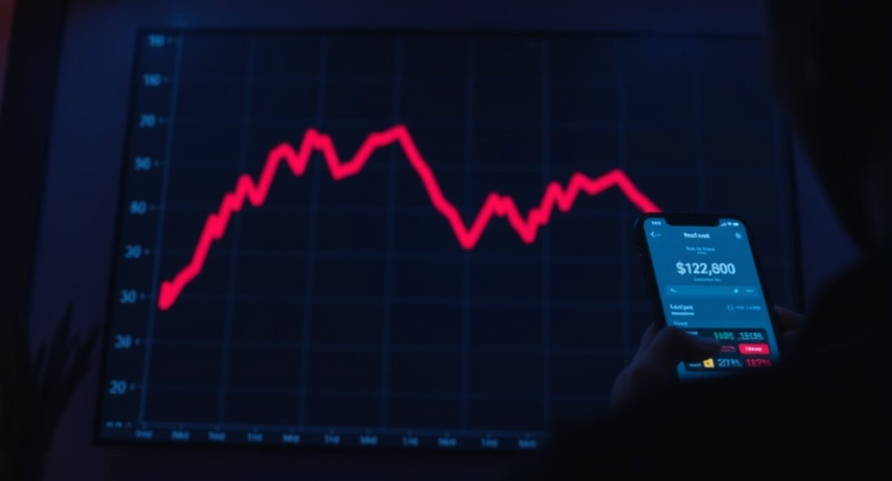 BMX token price chart showing a sharp decline with a person looking at a smartphone in a dimly lit room.
