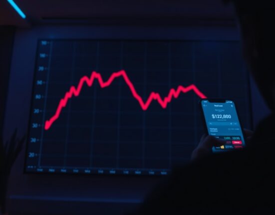 BMX token price chart showing a sharp decline with a person looking at a smartphone in a dimly lit room.