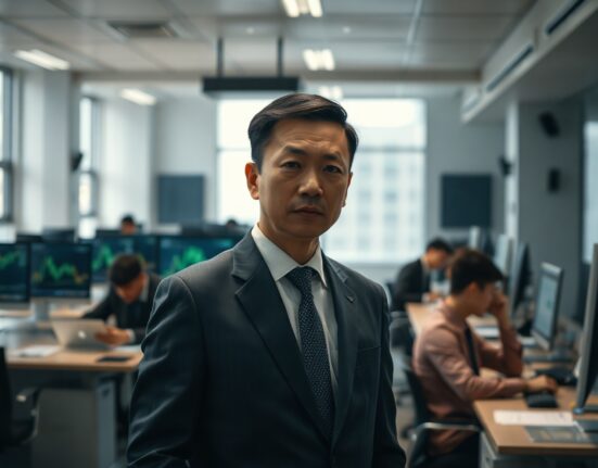 BitMart founder Sheldon Xia on phone in office, employees in background