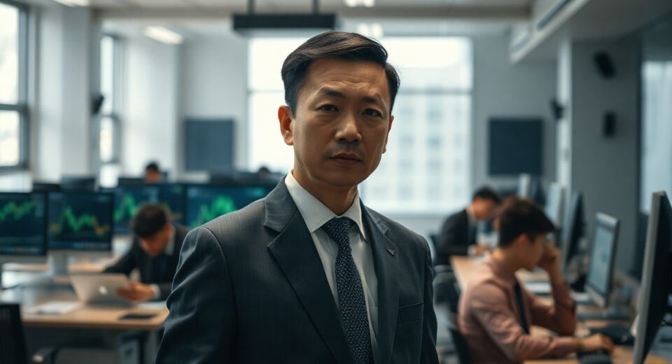 BitMart founder Sheldon Xia on phone in office, employees in background
