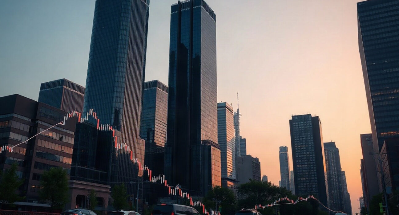 Financial district skyline at dusk symbolizing market volatility and restructuring