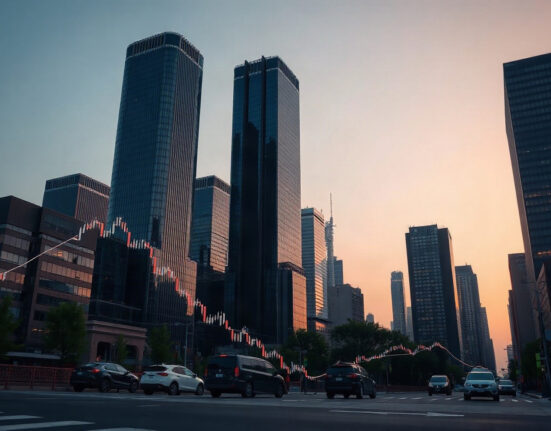 Financial district skyline at dusk symbolizing market volatility and restructuring