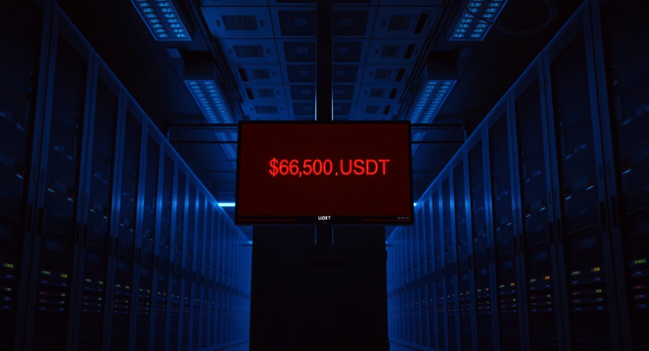 Dimly lit server room with monitor showing low USDT balance warning, representing BitMart liquidity concerns