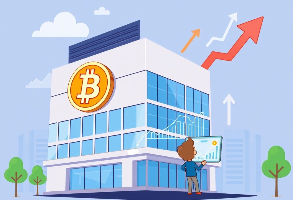 A vibrant cartoon illustration showing a company building with Bitcoin symbols, representing Bitmax's growing Bitcoin holdings and strategic crypto investments.