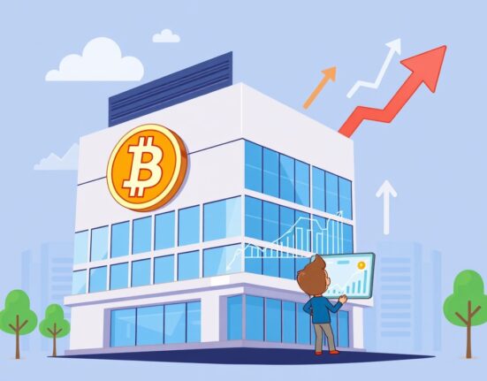 A vibrant cartoon illustration showing a company building with Bitcoin symbols, representing Bitmax's growing Bitcoin holdings and strategic crypto investments.