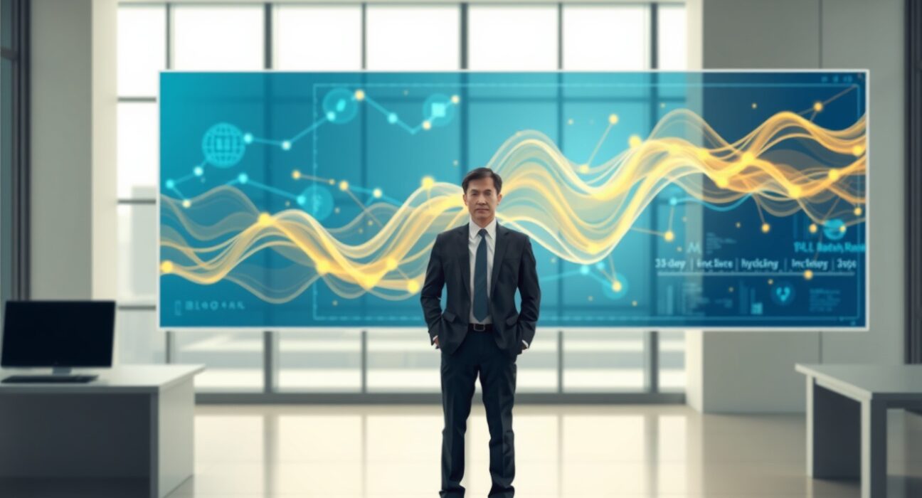 Financial analyst reviewing Bitmax Bitcoin transfer data on a digital display in a professional office.